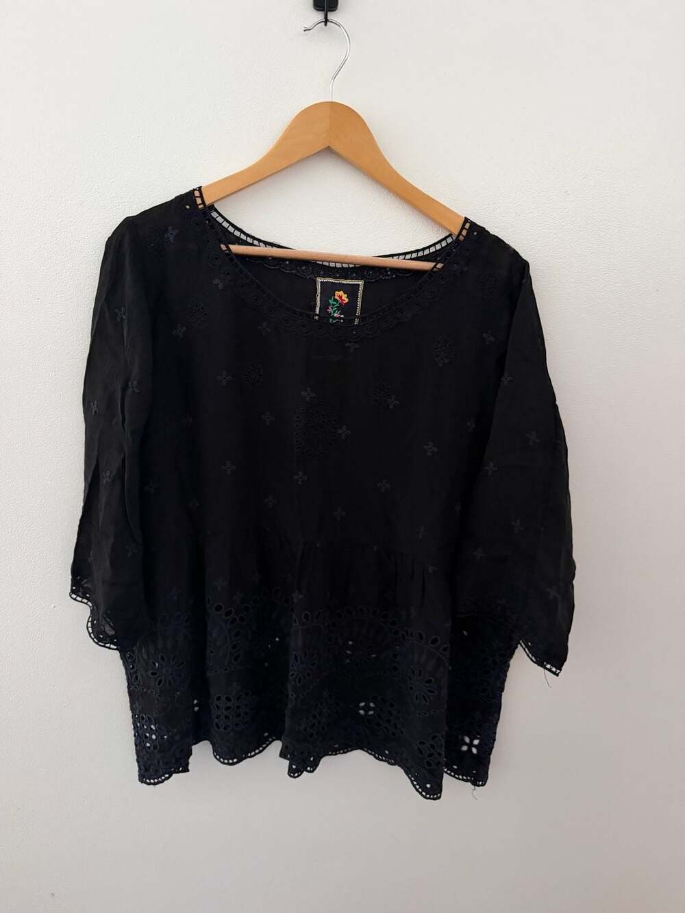 Johnny Was Embroidered Blouse Size L Black Peplum Eyelet Cutwork Top